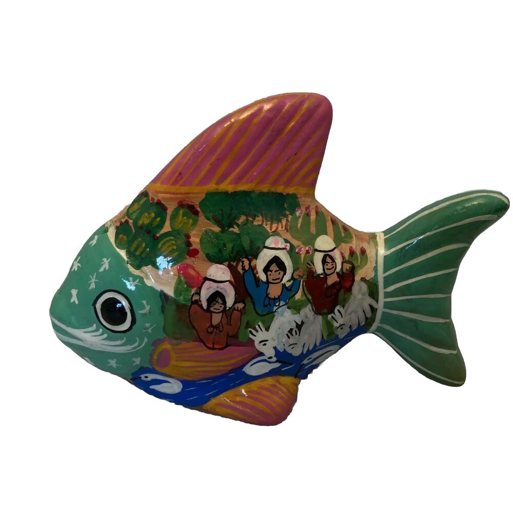 Vintage  Folk Art Mexican Red Clay Pottery Fish Figurine Hand Pained Folk Art